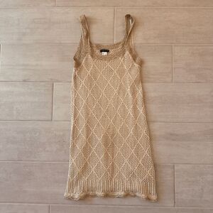 Venus Mini Dress Crochet Knit Sleeveless Metallic Trim Beige Lined Medium Beachy